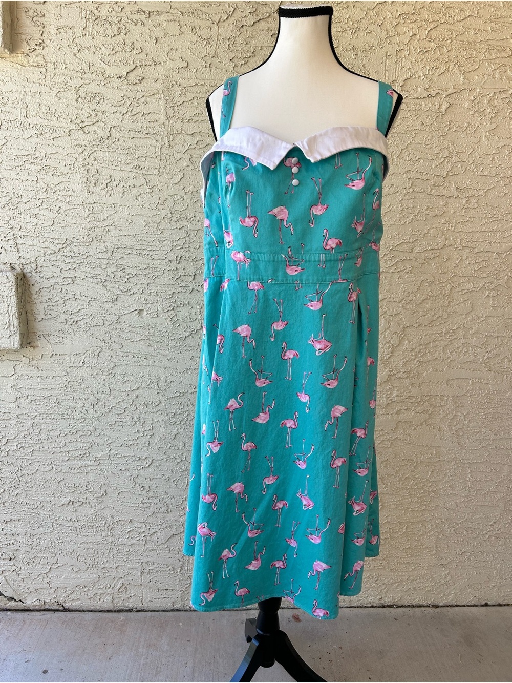 Retro Chic Teal Midi Dress with Pink Flamingo Print and White Trim